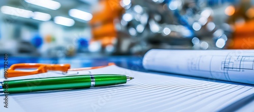 A green pen is held above lined paper next to chrome tools and orange blueprints photo