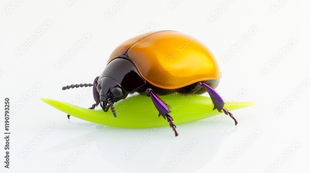 Naklejka premium Golden Beetle Isolated on Leaf with White Background. Generative AI