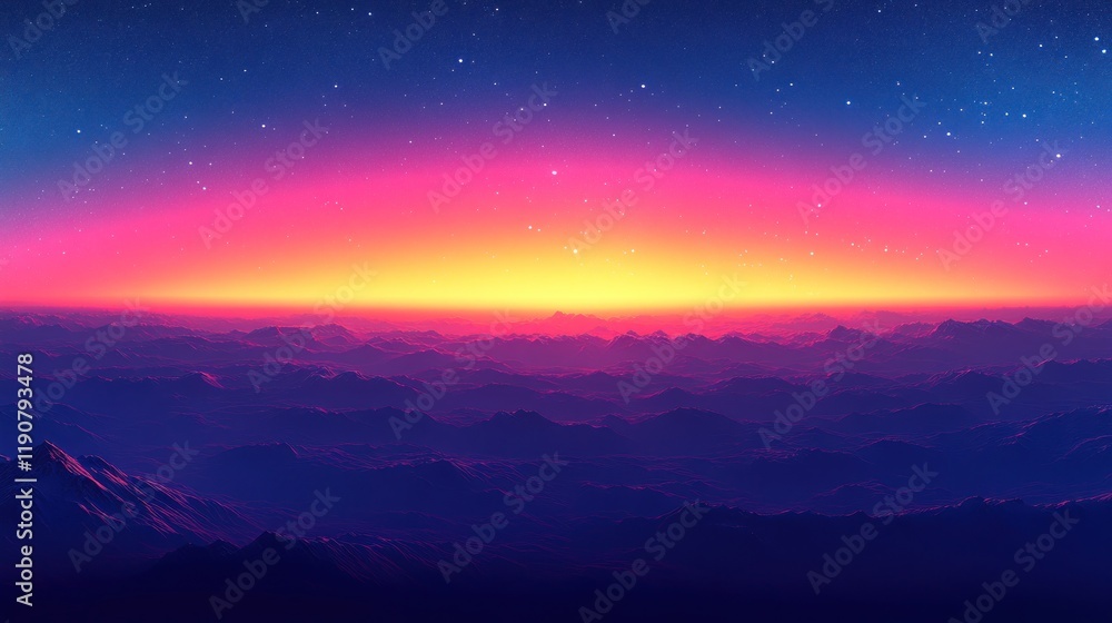 Vibrant sunset over a vast mountain range, with a starry night sky. Vibrant sunset over a vast mountain range, with a starry night sky.