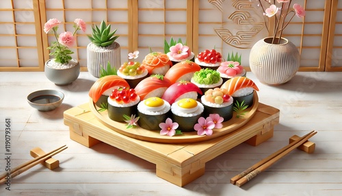 Traditional Japanese Temari Sushi on Wooden Plate