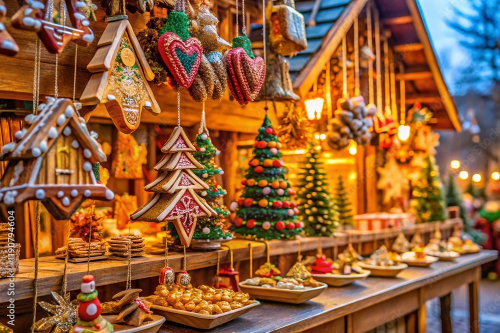 Naklejka premium Strasbourg Christmas Market Wooden Tree Decorations, France 2019 - Festive Food & Crafts