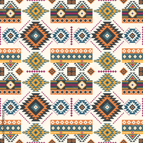 Navajo fabric pattern, bright and modern tones. Traditional geometric patterns combined with a modern twist. Suitable for home decoration or fashion use. photo