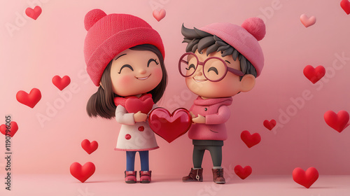 cute cuple boy and girl are happy on Valentine's Day 3D
