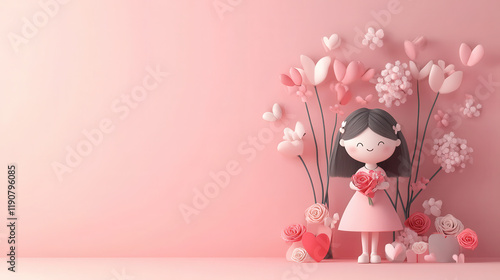Flowers with cute girl 3d cartoon
