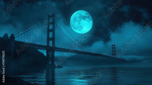 Golden Gate Bridge at night and full moon 