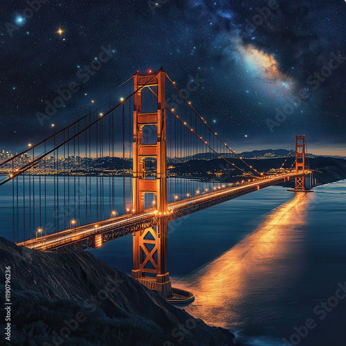 Golden Gate Bridge at night and star