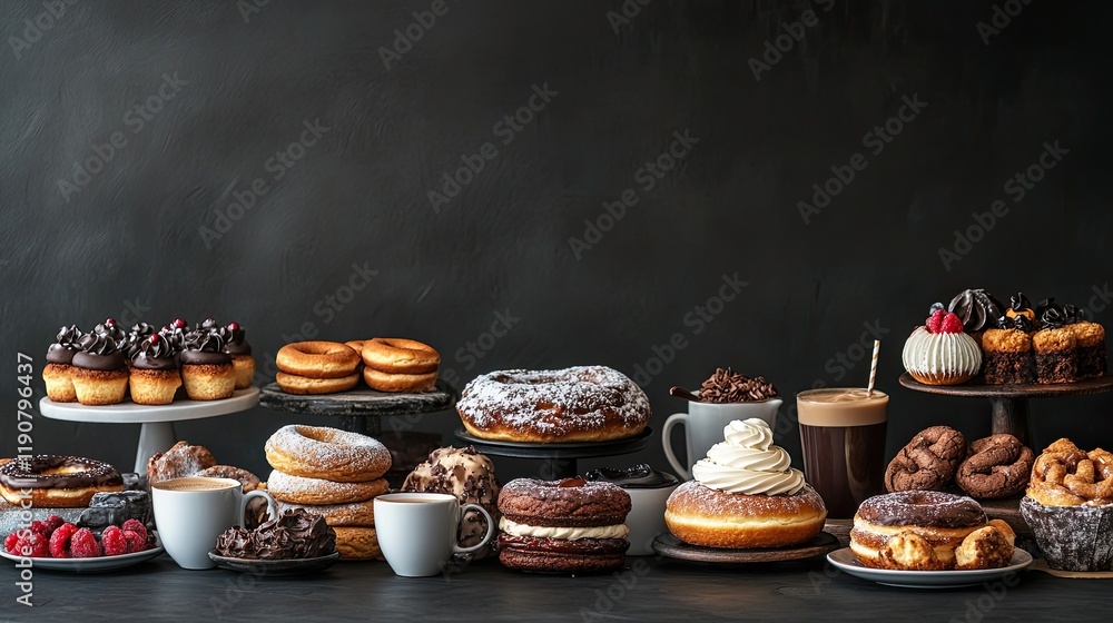 Fototapeta premium Table with various cookies, donuts, cakes and coffee cups on a dark background. Panorama, banner.