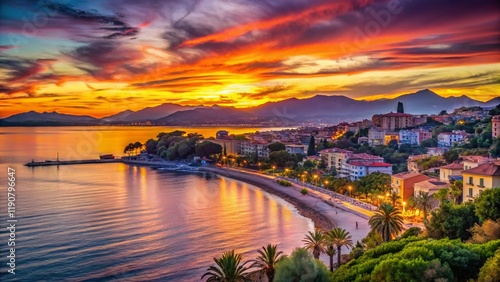 Stunning Cagnes-sur-Mer Sunset Landscape: Azure Coastline, Vibrant Sky