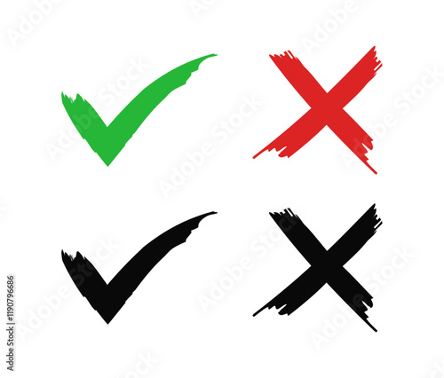 Set hand drawn check mark, tick and cross brush signs with canvas texture. Vector icon set. PNG, transparent