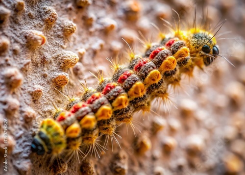 Extreme Close-Up: Household Casebearer Moth Larva Crawling on Dusty Wall photo