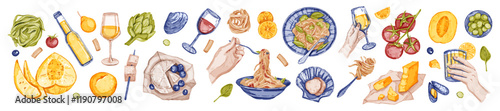 Italian food vector set, watercolor hand drawn dinner illustration, pasta plate, wine glass, cheese. Summer vacation eatery aesthetic clipart, dolce vita tasty lunch, fruit, vegetables. Italian food