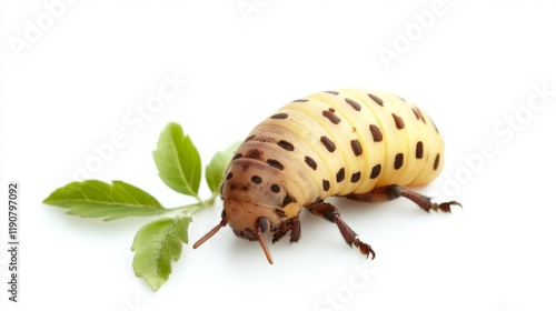 Leaf beetle isolated on a white background with green leaves. Generative AI photo