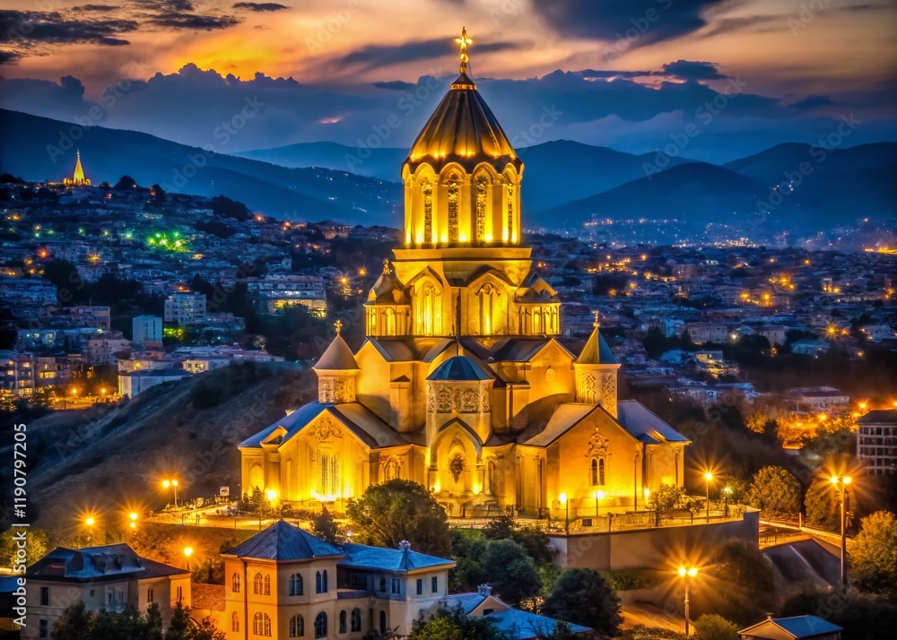 Obraz premium Holy Trinity Cathedral of Tbilisi, Georgia - Night Photography
