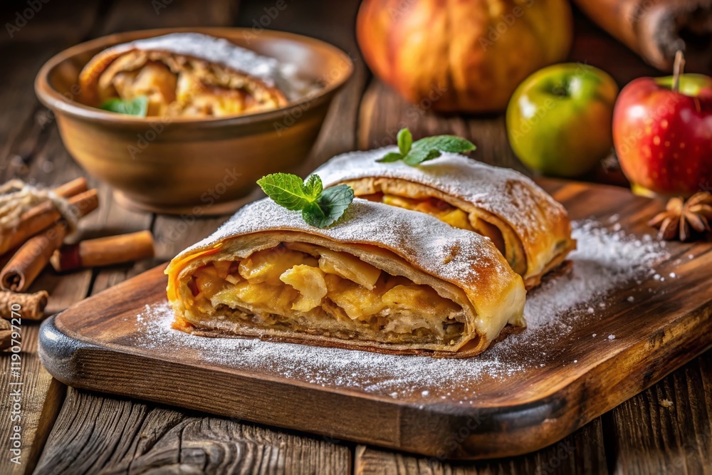 Homemade Apple Strudel Pastry on Rustic Plate, Warm Golden Crust, Delicious Dessert Homemade Apple Strudel Pastry on Rustic Plate, Warm Golden Crust, Delicious Dessert