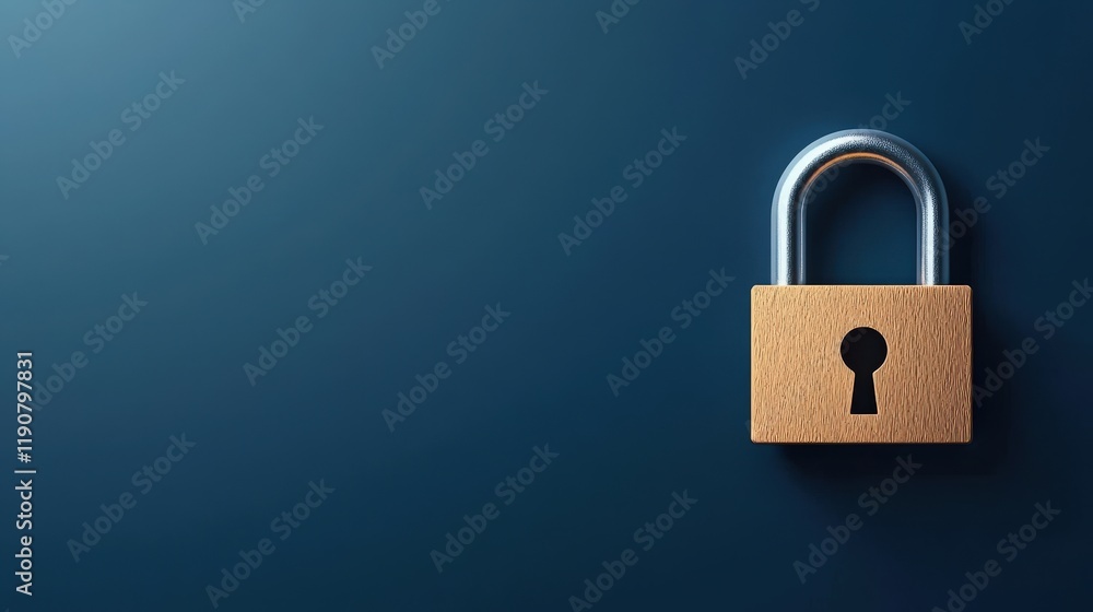 Secure Wooden Padlock on Dark Blue Background Secure Wooden Padlock on Dark Blue Background