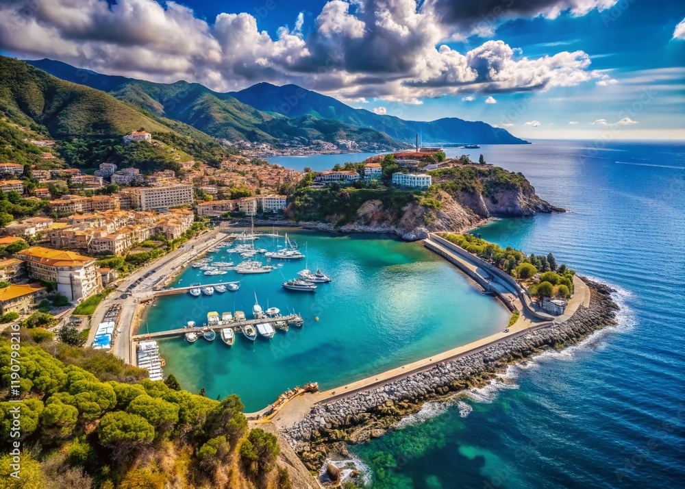 Stunning Panoramic Aerial of Ventimiglia Coastline, Liguria, Italy, Showcasing Cala del Forte Marina Stunning Panoramic Aerial of Ventimiglia Coastline, Liguria, Italy, Showcasing Cala del Forte Marina