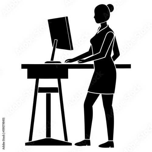 Remote Work Silhouette: Virtual Assistant at Stand-Up Desk flat icon  