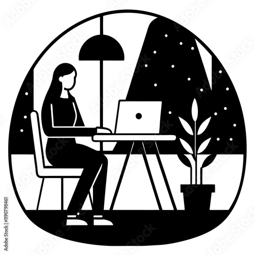Remote Work Ambiance: Virtual Assistant in Outdoor Flat Silhouette    