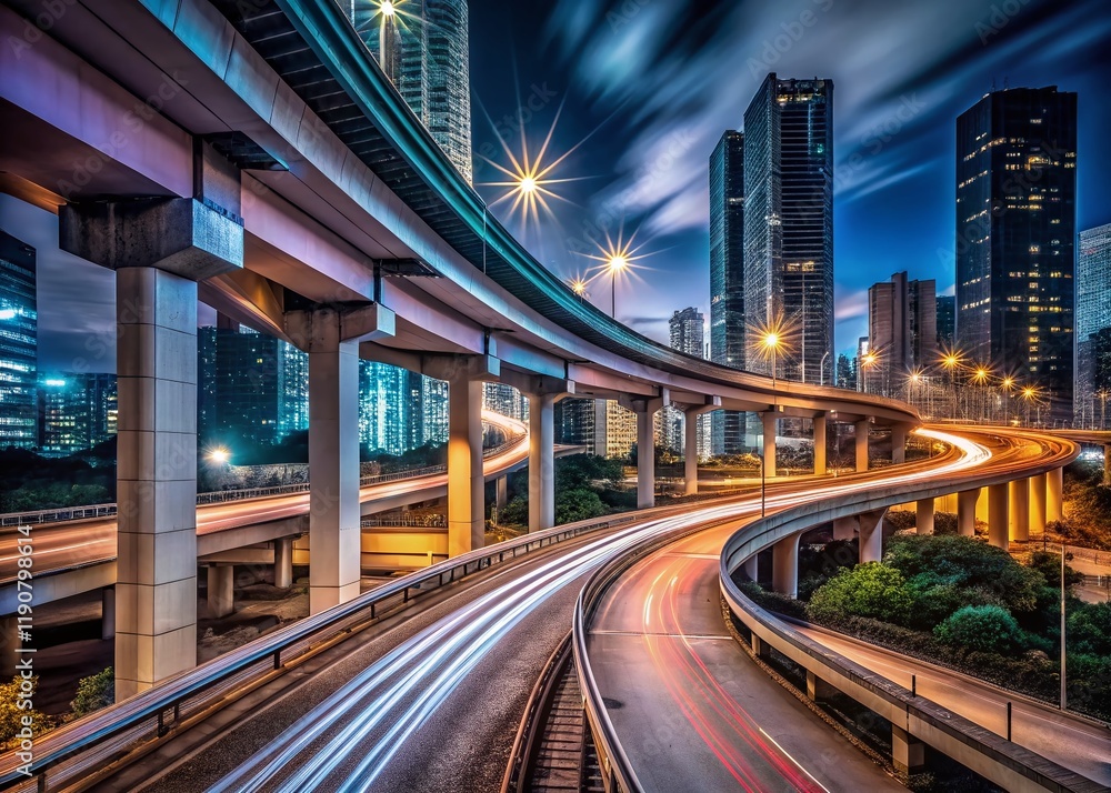 Naklejka premium Hong Kong Elevated Expressway Night Minimalist Photography - Cityscape Lights