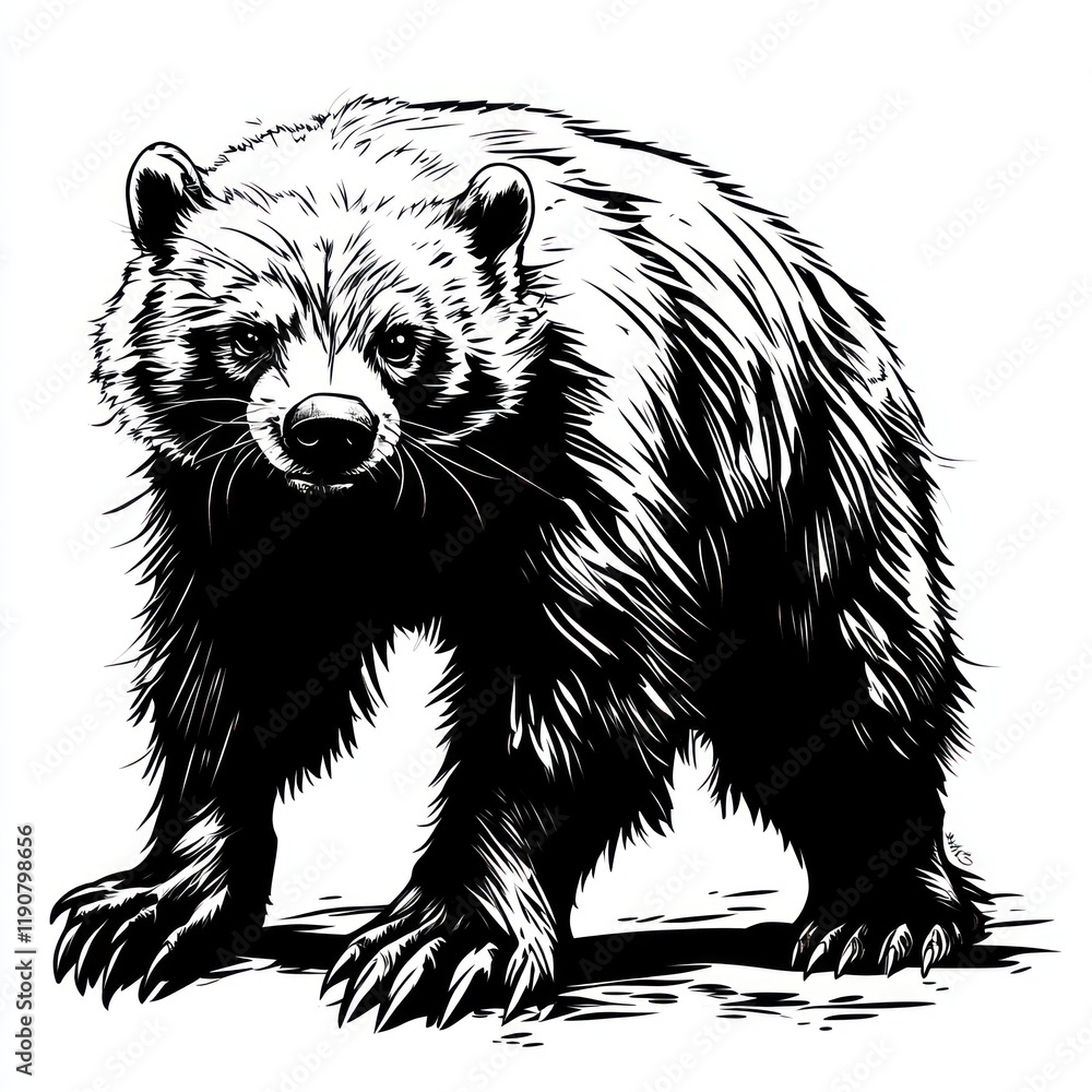 Fototapeta premium Fierce black and white bear illustration, forest background, tattoo design