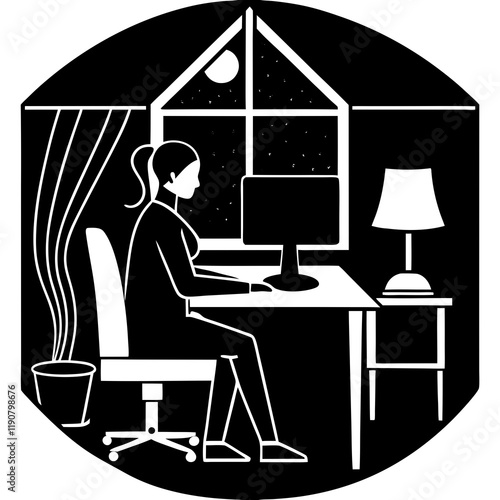 Flat Vector Silhouette: Home Office Scene with Virtual Assistant      