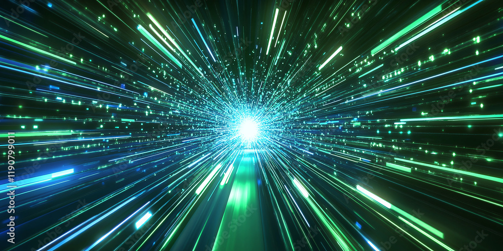 Fototapeta premium Abstract depiction of a high-speed burst of green and blue light streaks, creating a futuristic tunnel effect with a radiant light source at the center.