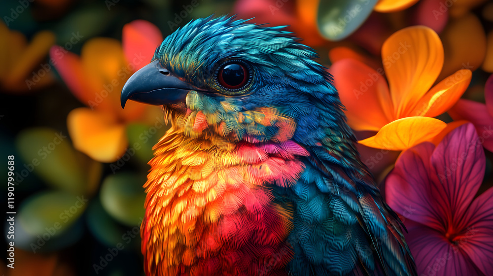 Obraz premium colorful bird perched among vibrant flowers