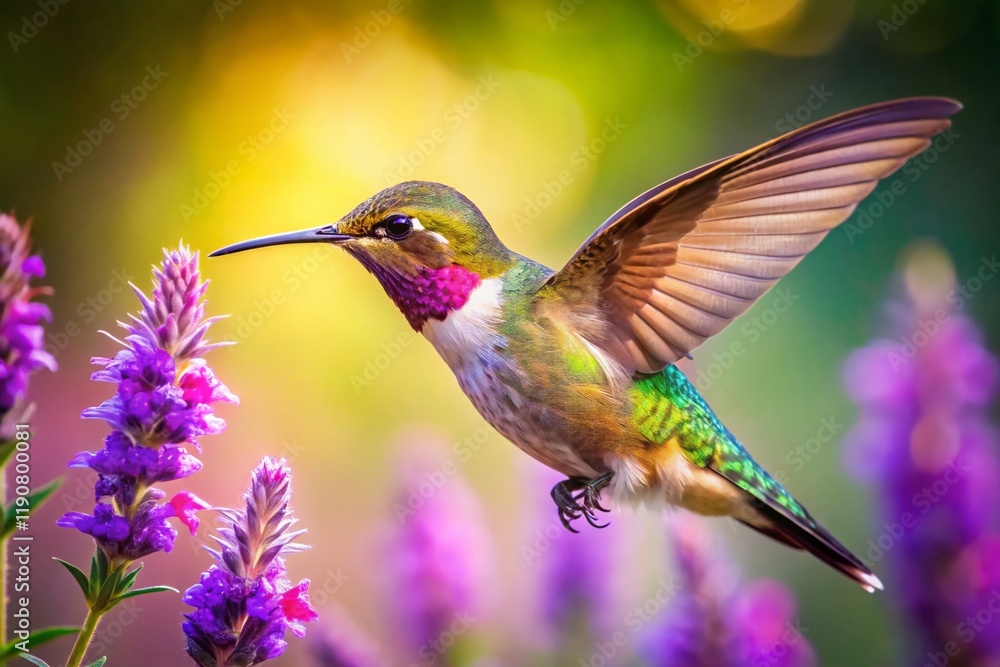 Naklejka premium Hummingbird Feeding on Purple Flower - Candid Nature Photography
