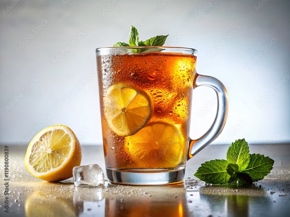 Fototapeta premium Iced Tea in Glass Cup, Refreshing Summer Beverage, White Background Stock Photo