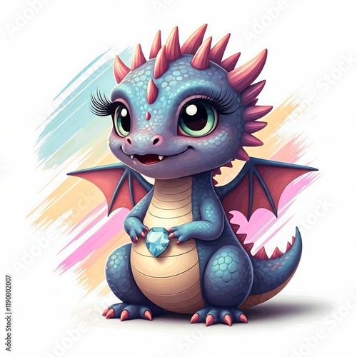 A cute, colorful baby dragon illustration sitting on a white background, children's books, fantasy themes, and playful designs. photo