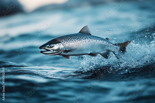 A photo that captures the moment a salmon or speckled trout jumps to the surface of a river or ocean. photo