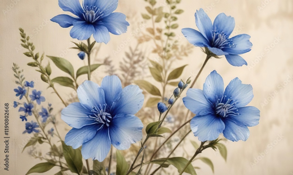 Obraz premium Close-up view of watercolor blue blooms on a beige canvas, organic patterns, natural aesthetic, creative expression, relaxing