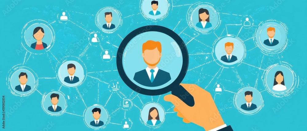 Hand Holding Magnifying Glass Over Network of People Representing Connections and Communication in Business Environment Hand Holding Magnifying Glass Over Network of People Representing Connections and Communication in Business Environment
