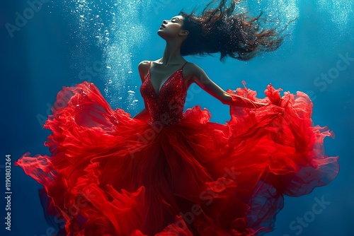 Artistic underwater image showing a woman in a red dress gradually sinking into blue water.