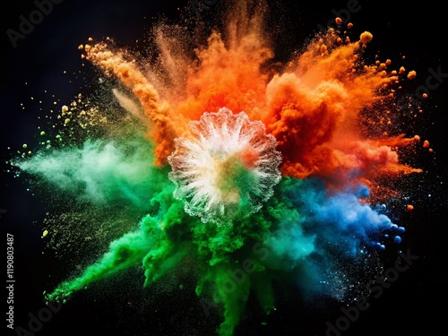 Indian Independence Day Background: Saffron, White, Green Holi Powder Splash on Dark photo