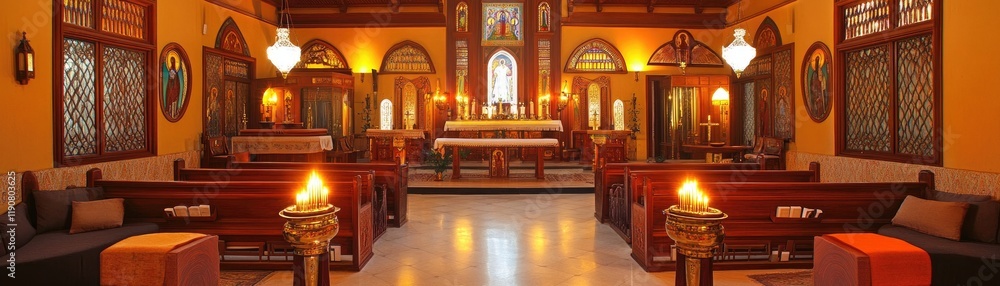 Fototapeta premium Cozy Interior of a Traditional Church with Warm Lighting and Decor for Peaceful Reflection