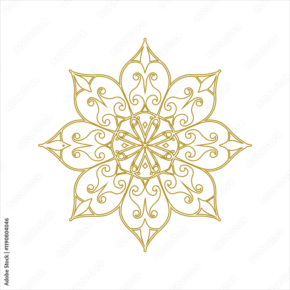A vector illustration of a mandala silhouette with a white background. The mandala has a circular pattern with multiple layers of interlocking geometric shapes, including triangles, squares, and circl A vector illustration of a mandala silhouette with a white background. The mandala has a circular pattern with multiple layers of interlocking geometric shapes, including triangles, squares, and circl
