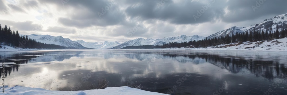 Fototapeta premium Cloudy winter sky over frozen lake and snow-covered hills, overcast horizon, winter breeze, tranquil setting, white landscape, scenic serenity