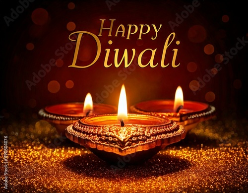 Generated image Happy Diwali - Clay Diya lamps lit during Diwali, Hindu festival of lights celebration. Colorful traditional oil lamp diya on red background photo