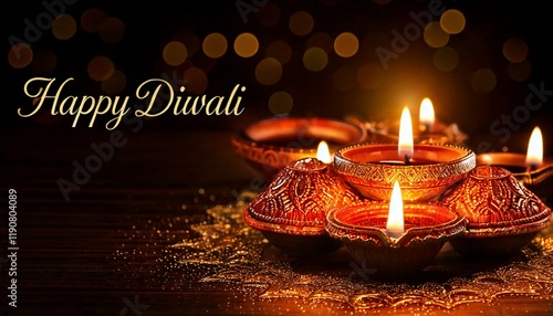 Generated image Happy Diwali - Clay Diya lamps lit during Diwali, Hindu festival of lights celebration. Colorful traditional oil lamp diya on red background photo