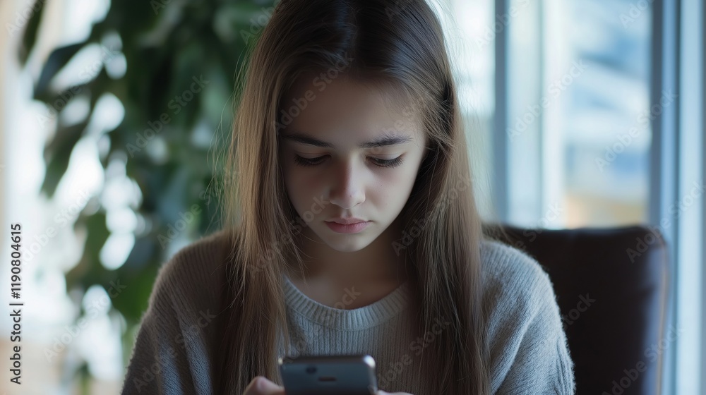 Teenage girl focused on smartphone Teenage girl focused on smartphone