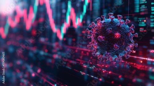 Hyper-Realistic Virus with Financial Market Graph in Background. Generative AI photo