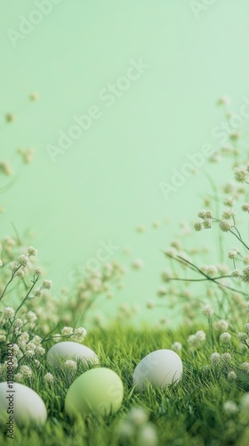 Minimalist Easter Decor Featuring Colorful Eggs in a Lush Green Grass Setting, Perfect for Celebrating Chinese New Year and Spring Festivities