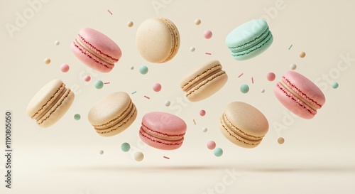 Flying Macarons with Pastel Colors on Beige Background - Creative Food Photography