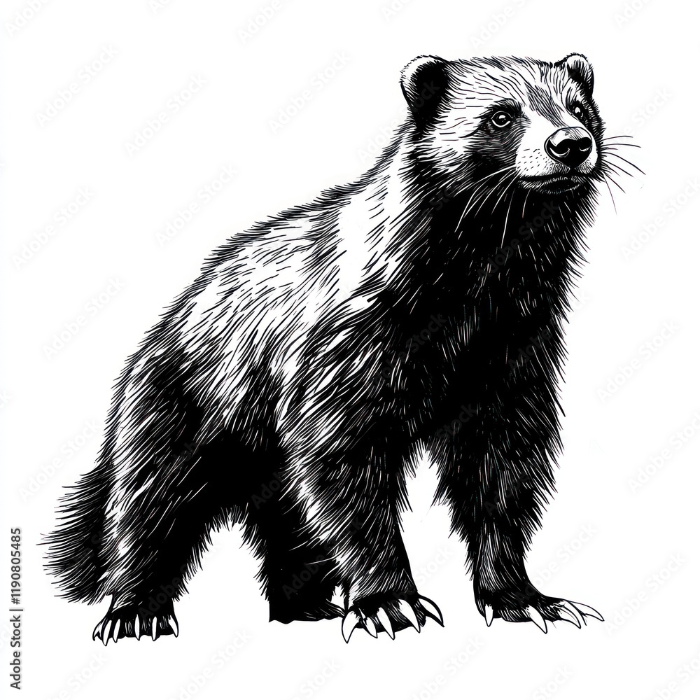 Fototapeta premium Wolverines, standing, wildlife, monochrome, sketch, nature, illustration, animal, white background, tattoo design