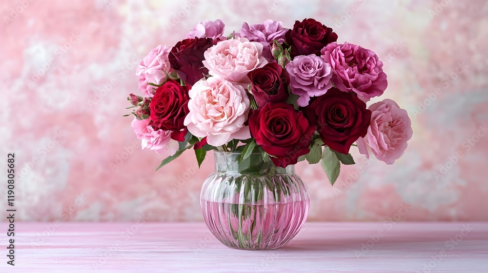 Obraz premium Elegant Bouquet of Pink and Red Roses in a Glass Vase on Pink Wooden Table, Romantic Floral Arrangement, Beautiful Flowers, Soft Pastel Colors, 