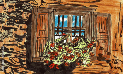 Hand-drawn colored pencil drawing of a window with red flowers in Tirol.