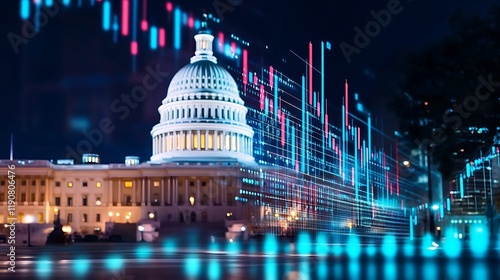 financial data, government building. A nighttime view of the U.S. Capitol building, illuminated, with digital financial data overlays suggesting a connection between government and finance.