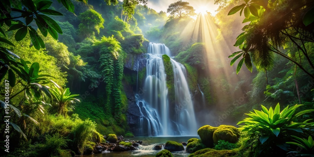 Obraz premium Sunlit Waterfall Silhouette in Lush Jungle - Dramatic Nature Photography