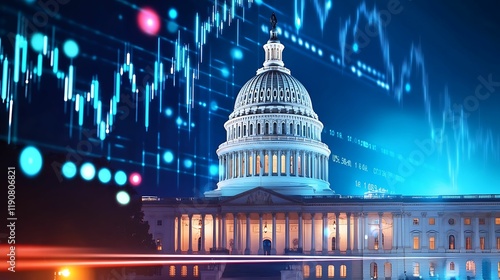financial data, government building. A futuristic image of the U.S. Capitol building with digital financial graphs and data overlays, symbolizing the intersection of politics and finance.